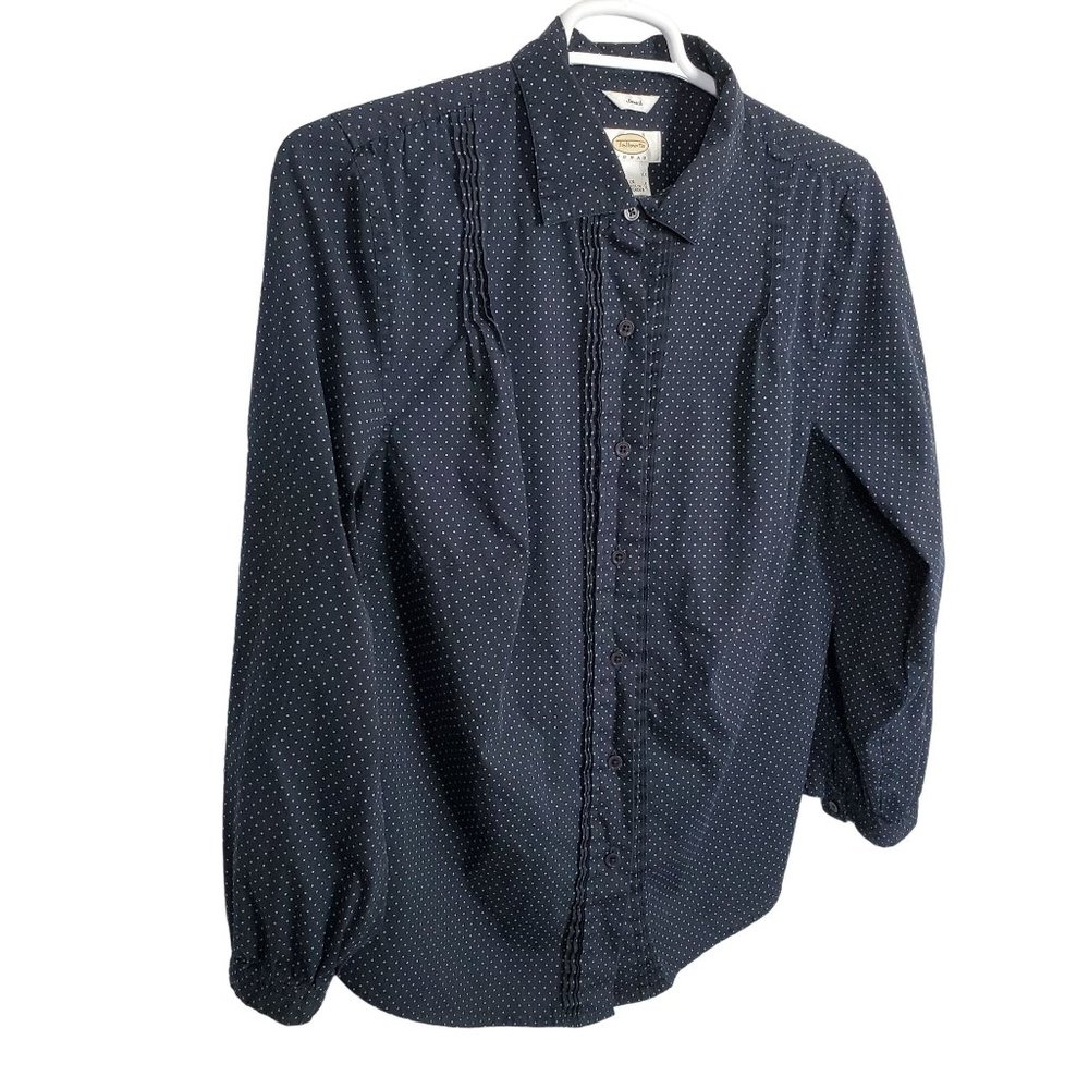 Talbots Size 1X Blouse Button Front Pin Tuck Polka Dot Stretch Career Blue